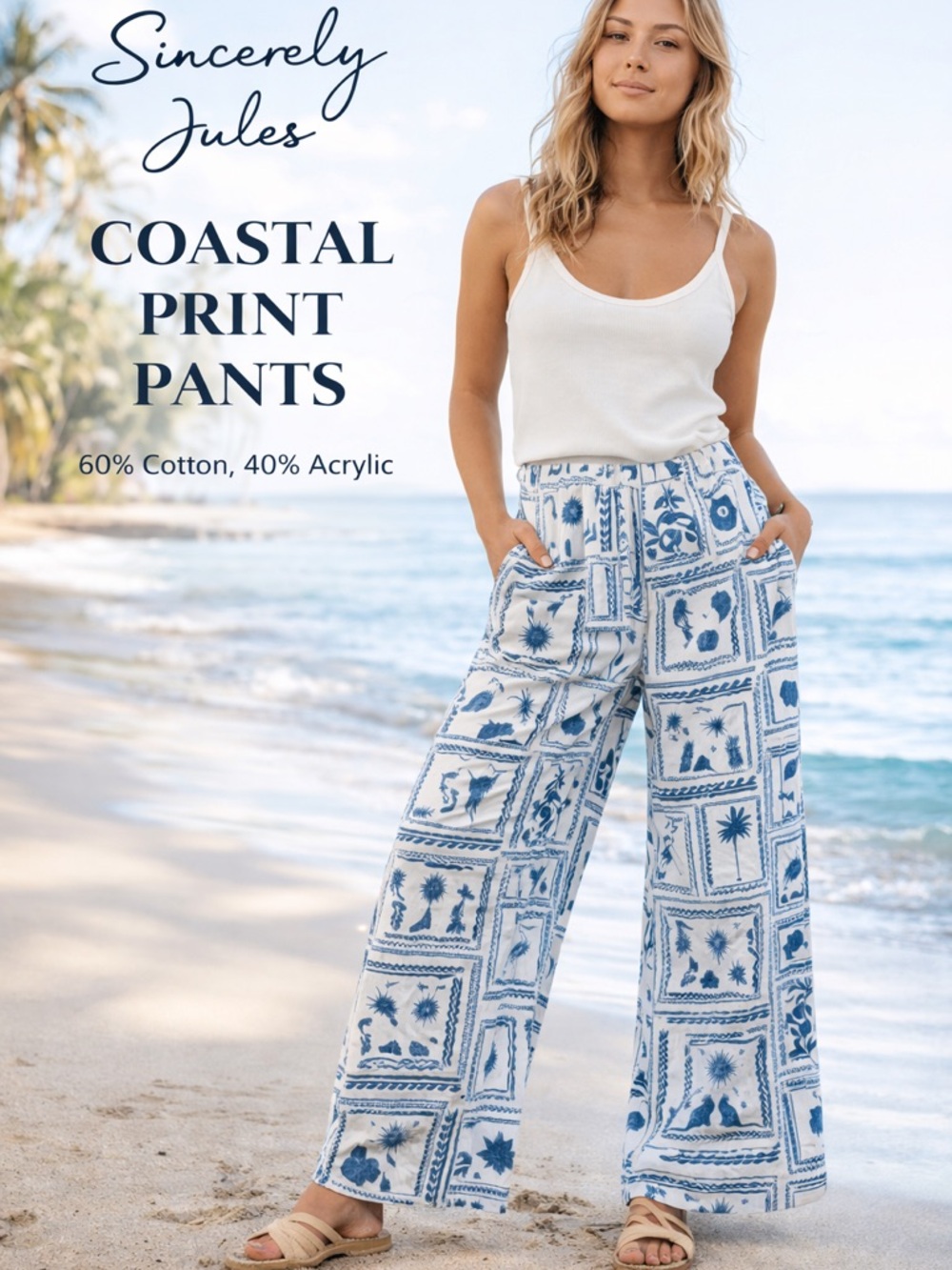 Sincerely Jules Blue White Printed Wide Leg Pants Boho Coastal L